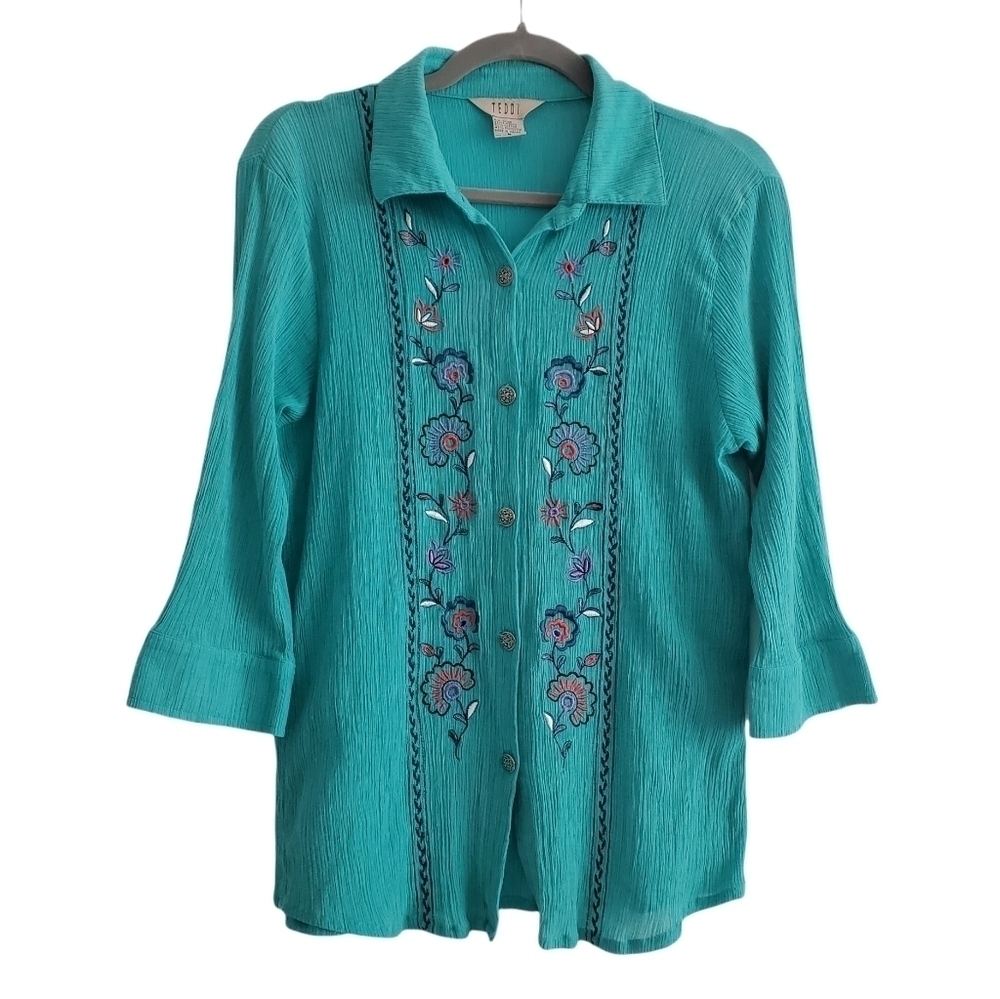 VTG‎ Teddi Teal Embroidered Southwestern Shirt